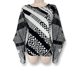 Size S Alfani Black & White Print‎ Embellished Neckline Blouson Top Shirt Blouse